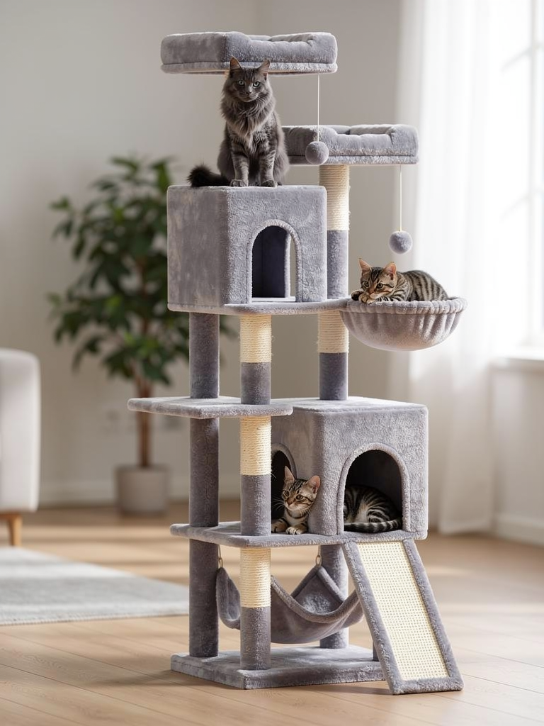 The Big Castle light grey multi-level cat tree with cats on every level