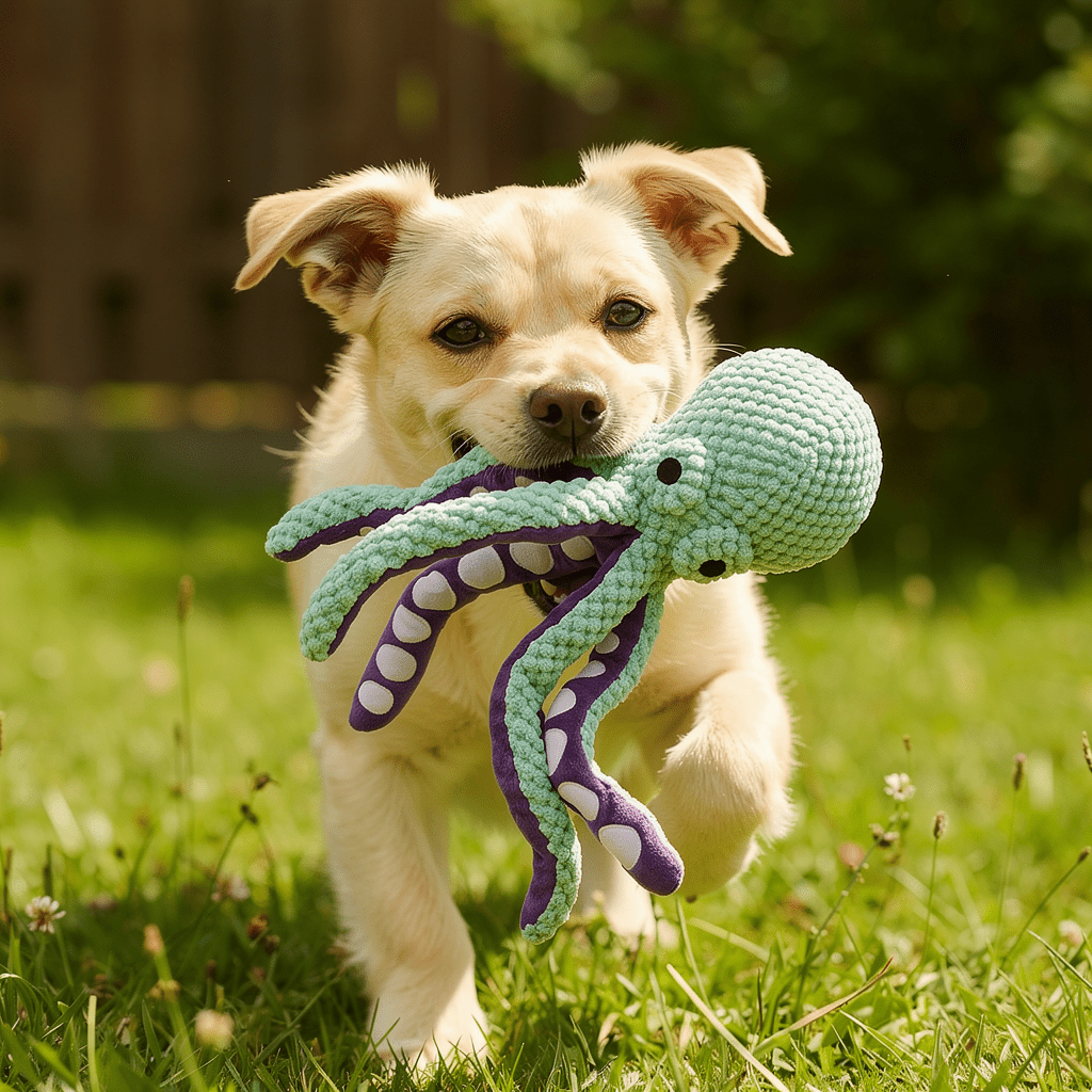 A small cream-colored dog runs across a grassy garden carrying a knitted turquoise octopus toy with purple tentacles in its mouth