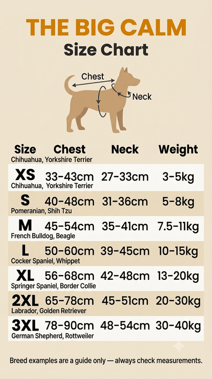 The Big Calm dog anxiety vest size chart with breed examples for sizes XS to 3XL