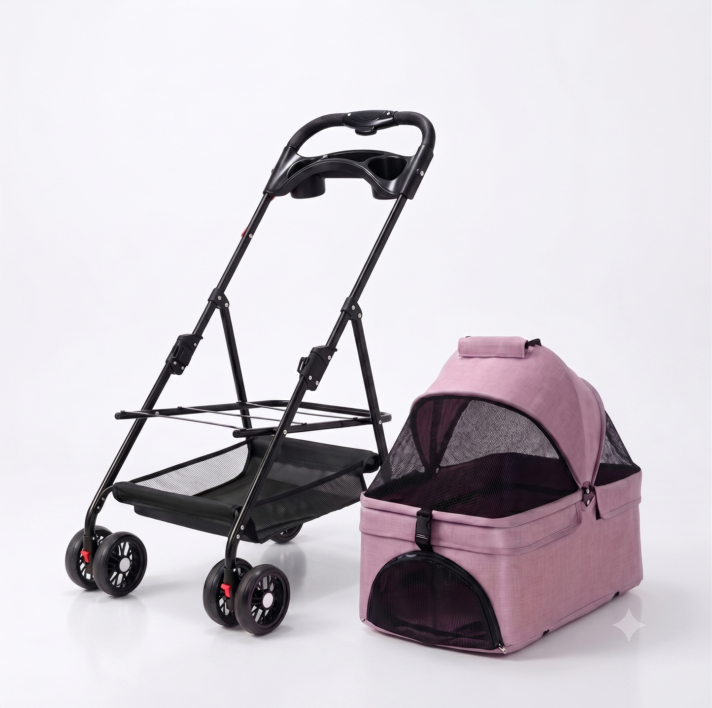 3-in-1 Folding Pet Stroller with Detachable Carrier — Easy Lock Canopy, Safety Harness & Storage Basket for Dogs & Cats