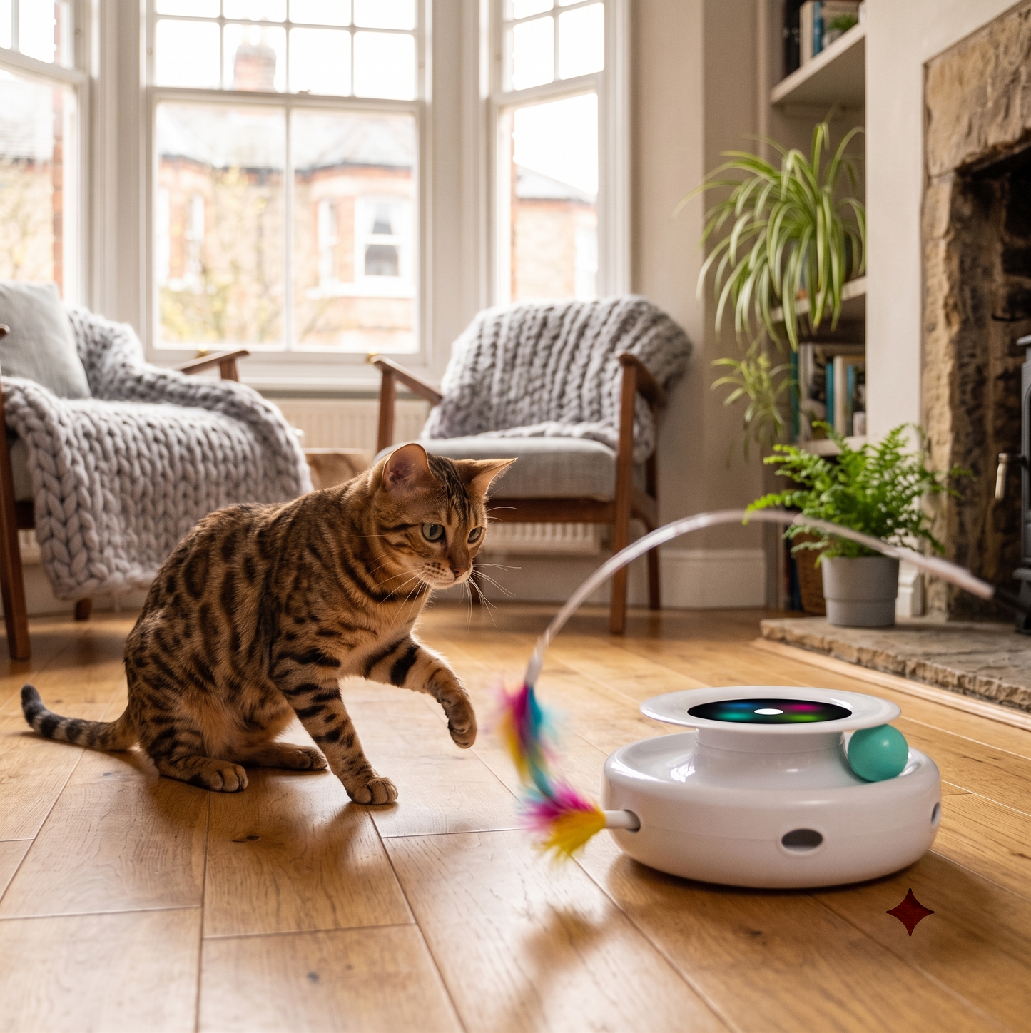 Close-up of the automatic cat toy's colour-changing LED light ring display