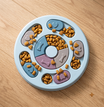 The Big Slow interactive puzzle feeder bowl for dogs, top-down view filled with kibble in maze compartments
