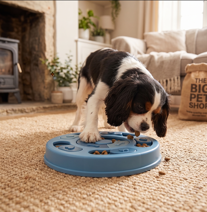 Dog eating from The Big Slow puzzle feeder bowl, slow feeding maze design