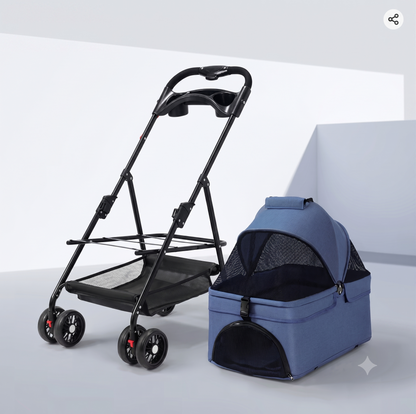 3-in-1 Folding Pet Stroller with Detachable Carrier — Easy Lock Canopy, Safety Harness & Storage Basket for Dogs & Cats
