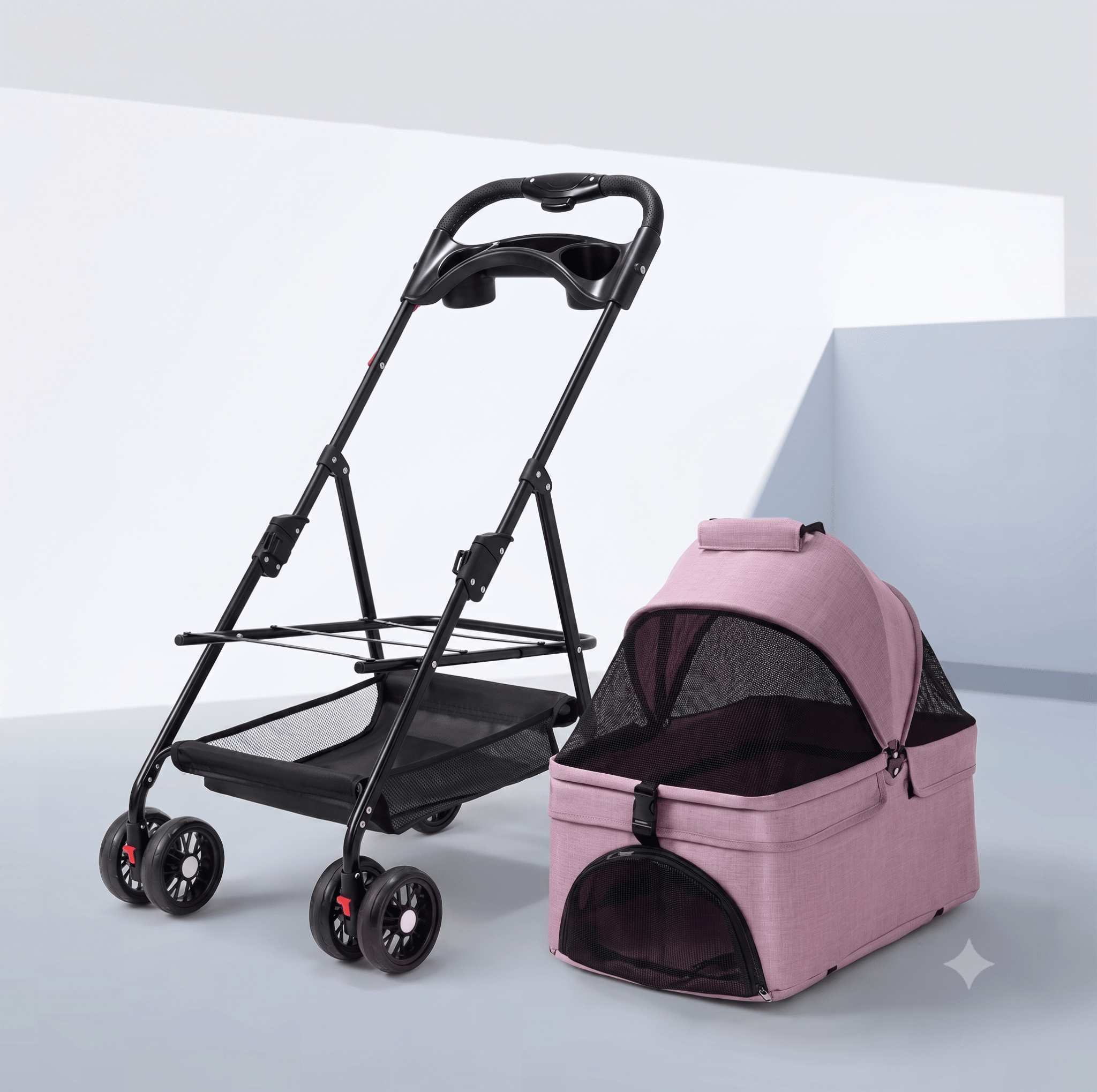 3-in-1 Folding Pet Stroller with Detachable Carrier — Easy Lock Canopy, Safety Harness & Storage Basket for Dogs & Cats - The Big Pet Shop