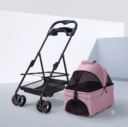3-in-1 Folding Pet Stroller with Detachable Carrier — Easy Lock Canopy, Safety Harness & Storage Basket for Dogs & Cats