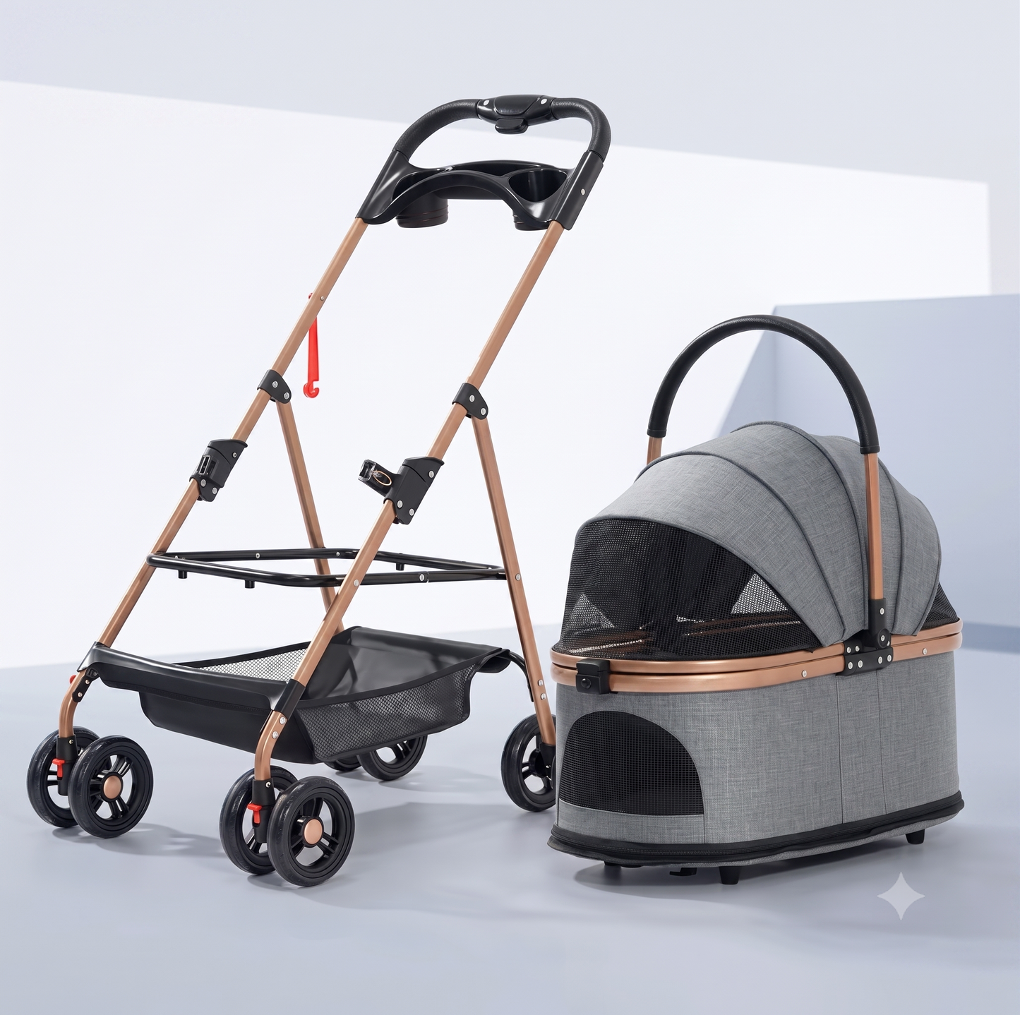 3-in-1 Folding Pet Stroller with Detachable Carrier — Easy Lock Canopy, Safety Harness & Storage Basket for Dogs & Cats