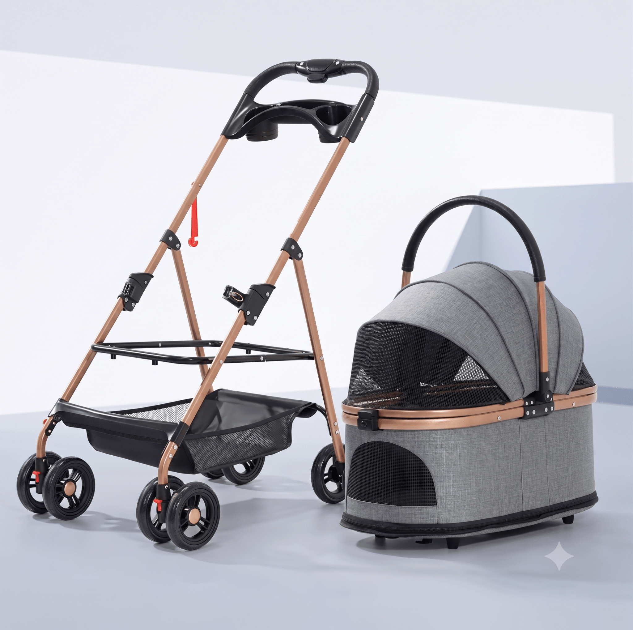 3-in-1 Folding Pet Stroller with Detachable Carrier — Easy Lock Canopy, Safety Harness & Storage Basket for Dogs & Cats - The Big Pet Shop