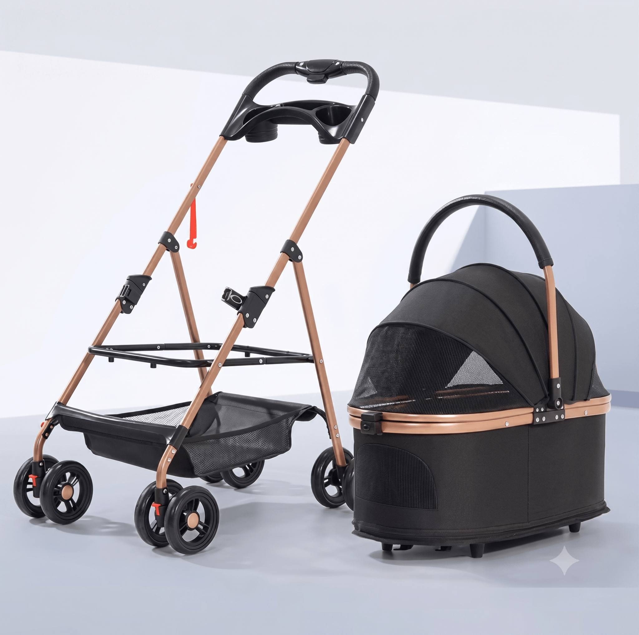 3-in-1 Folding Pet Stroller with Detachable Carrier — Easy Lock Canopy, Safety Harness & Storage Basket for Dogs & Cats - The Big Pet Shop