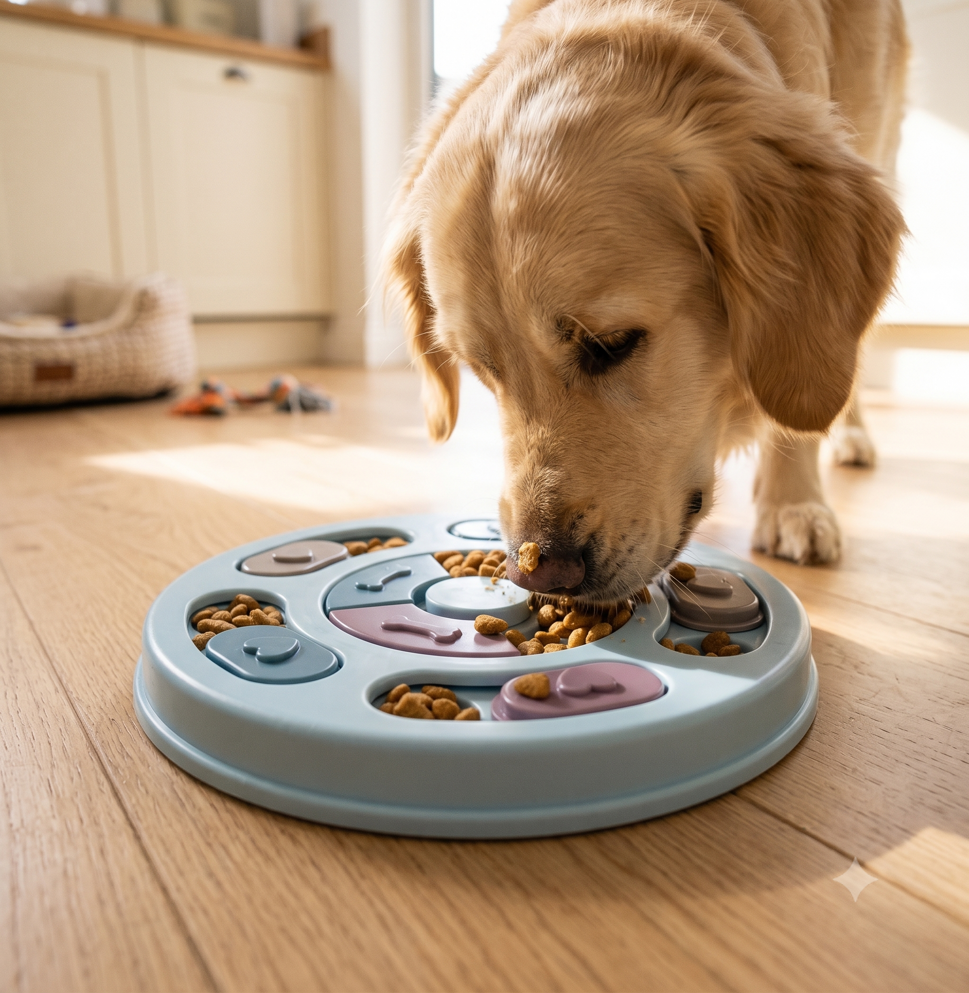 Dog interacting with The Big Slow puzzle feeder bowl during mealtime