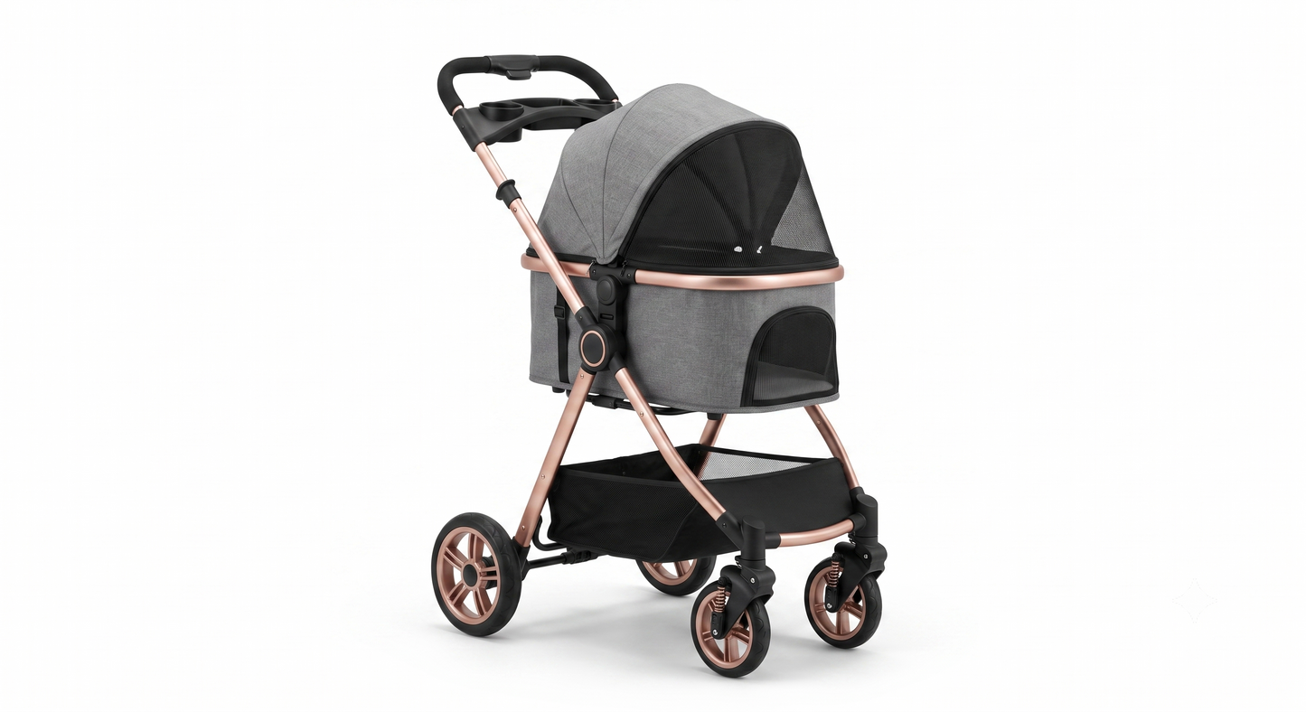 3-in-1 Folding Pet Stroller with Detachable Carrier — Easy Lock Canopy, Safety Harness & Storage Basket for Dogs & Cats