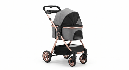 3-in-1 Folding Pet Stroller with Detachable Carrier — Easy Lock Canopy, Safety Harness & Storage Basket for Dogs & Cats