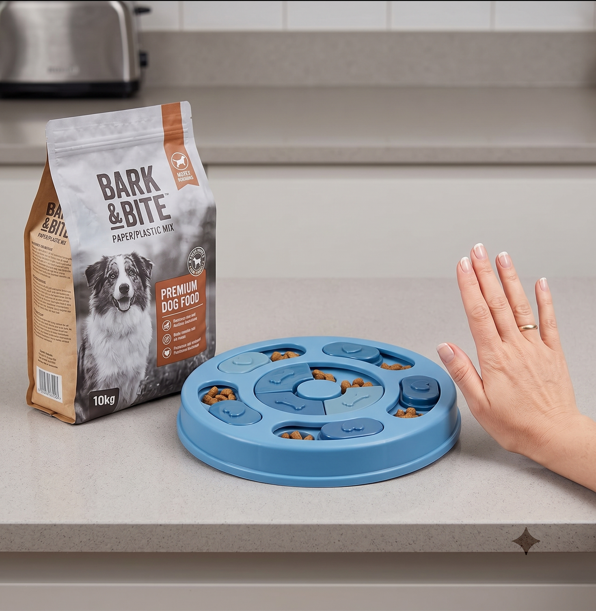 The Big Slow puzzle feeder bowl with packaging, unboxing view