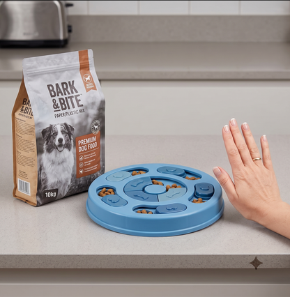 The Big Slow puzzle feeder bowl with packaging, unboxing view