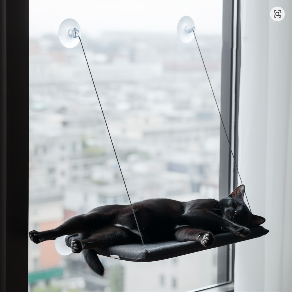 The Big Lookout black suction cup cat window hammock with cat resting