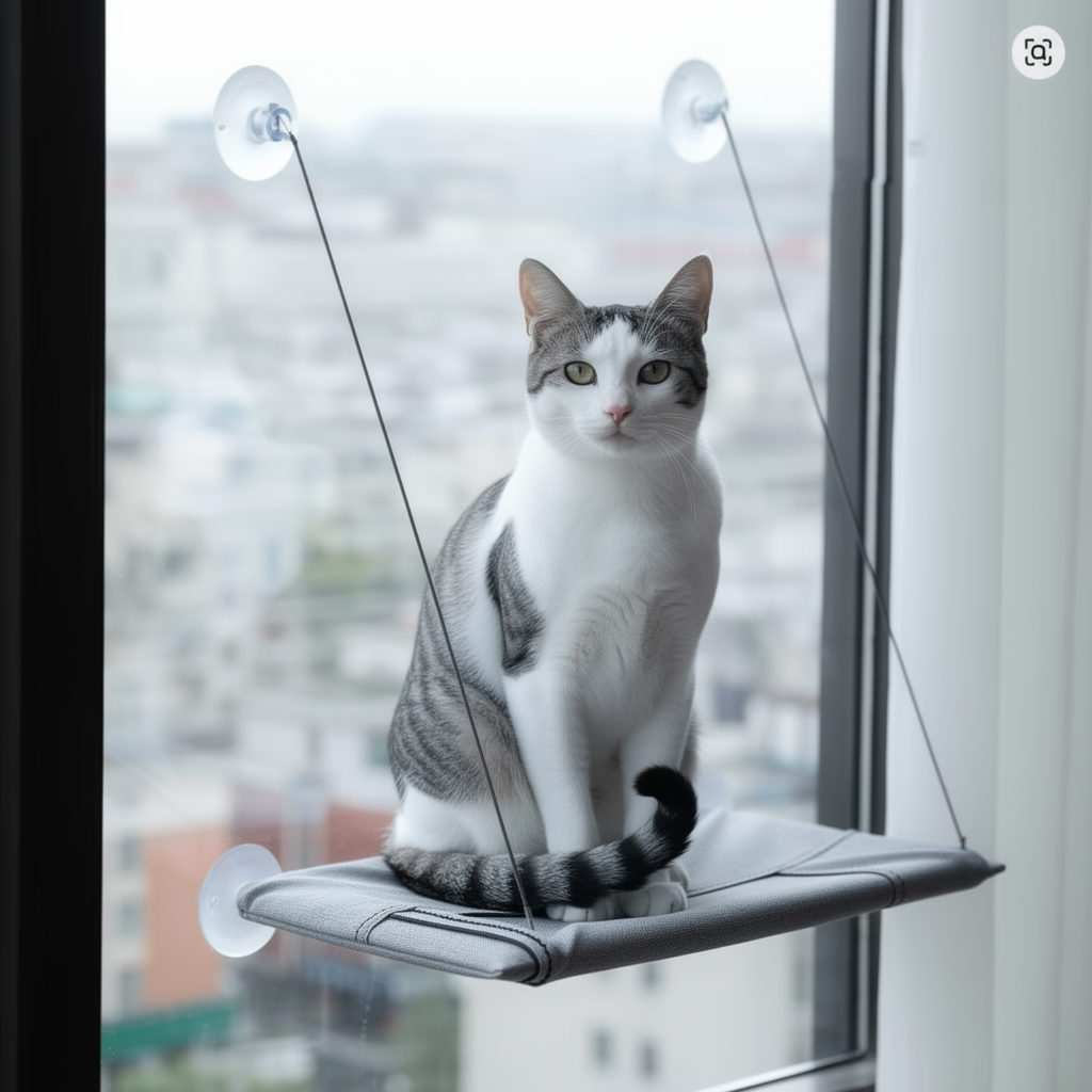 The Big Lookout gray suction cup cat window hammock with cat resting