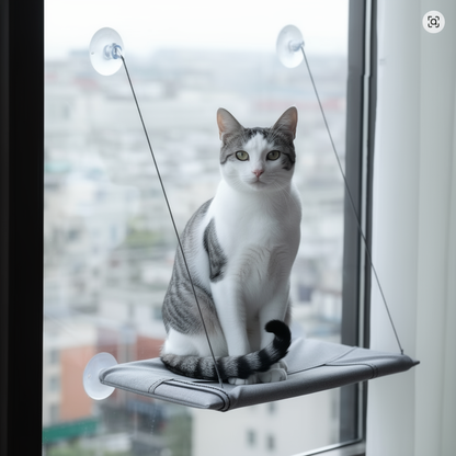 The Big Lookout gray suction cup cat window hammock with cat resting