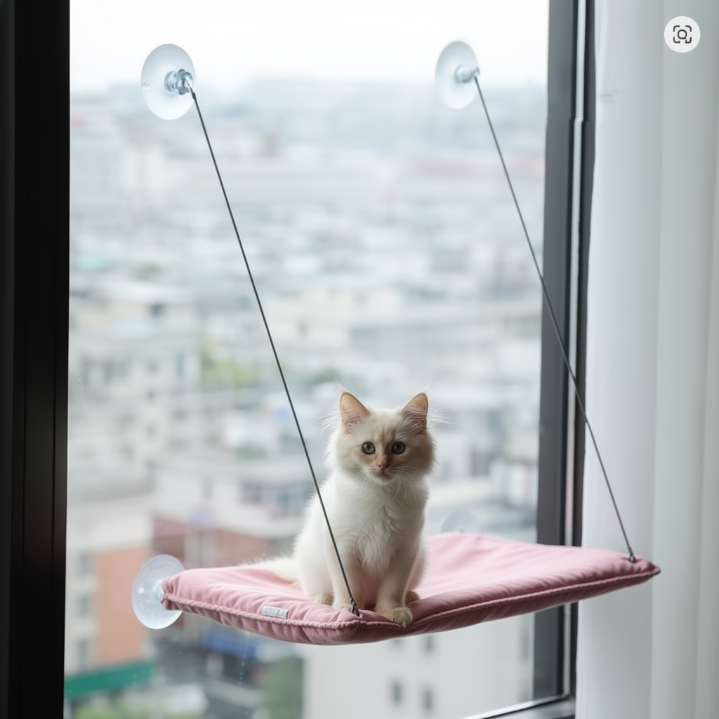 The Big Lookout pink suction cup cat window hammock with kitten resting