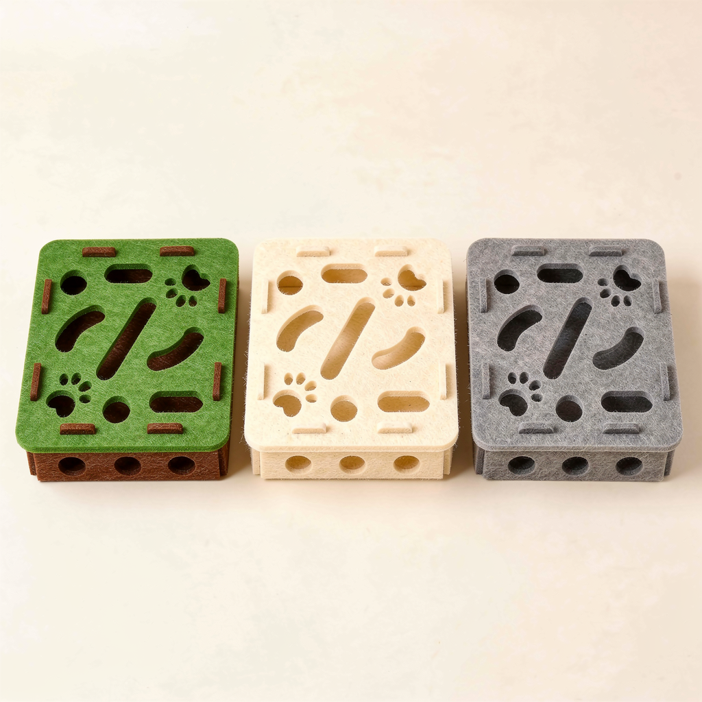 The Big Hunt felt puzzle feeder in green, cream, and grey colourways