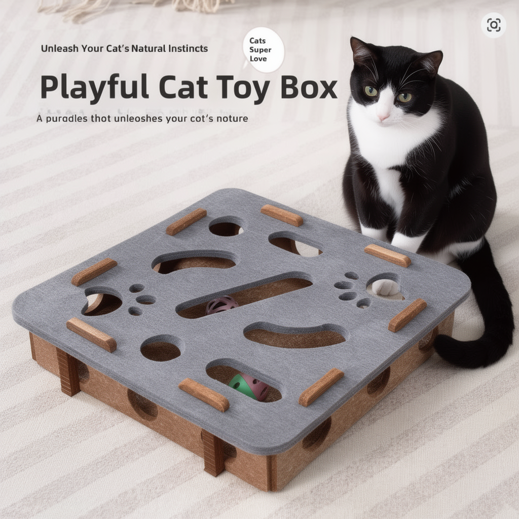 The Big Hunt square grey felt puzzle feeder with cat playing