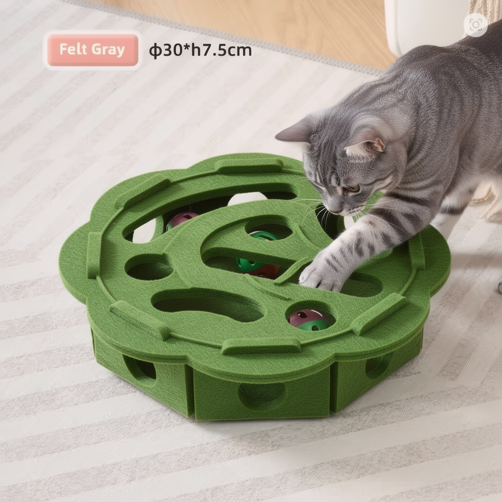 The Big Hunt round green felt puzzle feeder with cat foraging