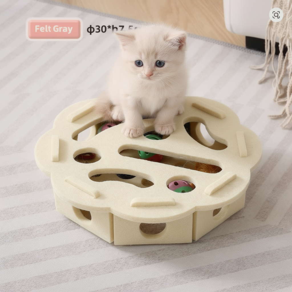 The Big Hunt round cream felt puzzle feeder with kitten on top