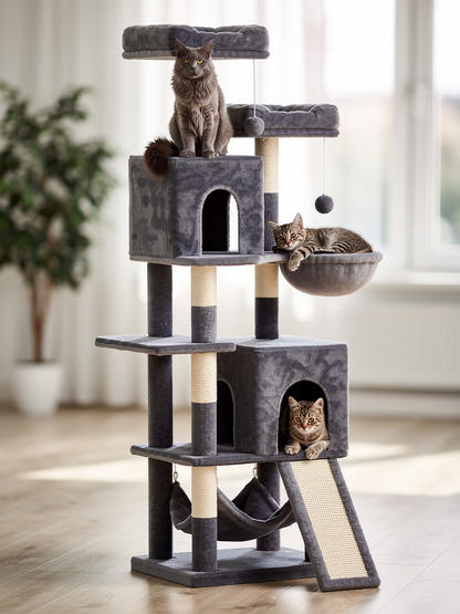 The Big Castle dark grey multi-level cat tree with cats on every level