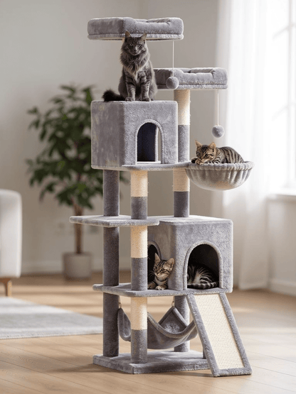 The Big Castle light grey multi-level cat tree with cats on every level