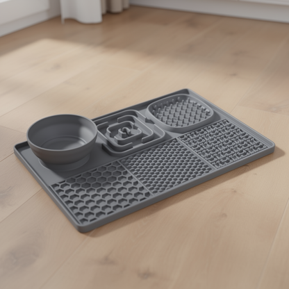 The Big Spread grey 4-in-1 silicone slow feeder and lick mat tray with removable bowl