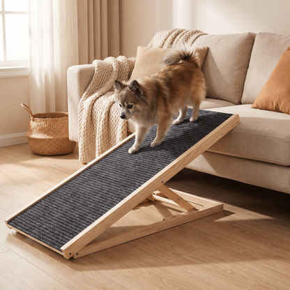 Senior dog using The Big Step wooden ramp to climb onto sofa