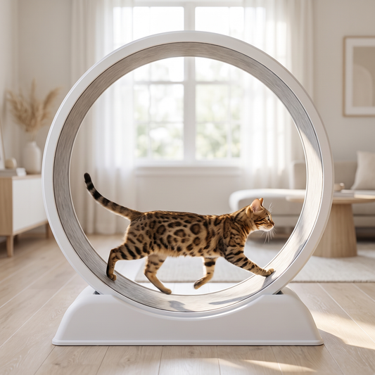 Bengal cat running in The Big Run white cat exercise wheel in a bright modern living room