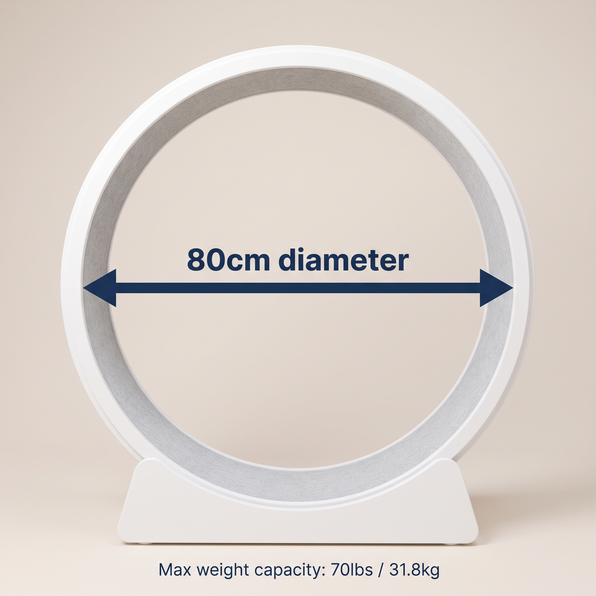 The Big Run white cat exercise wheel size guide - 80cm diameter, 70lbs max weight capacity