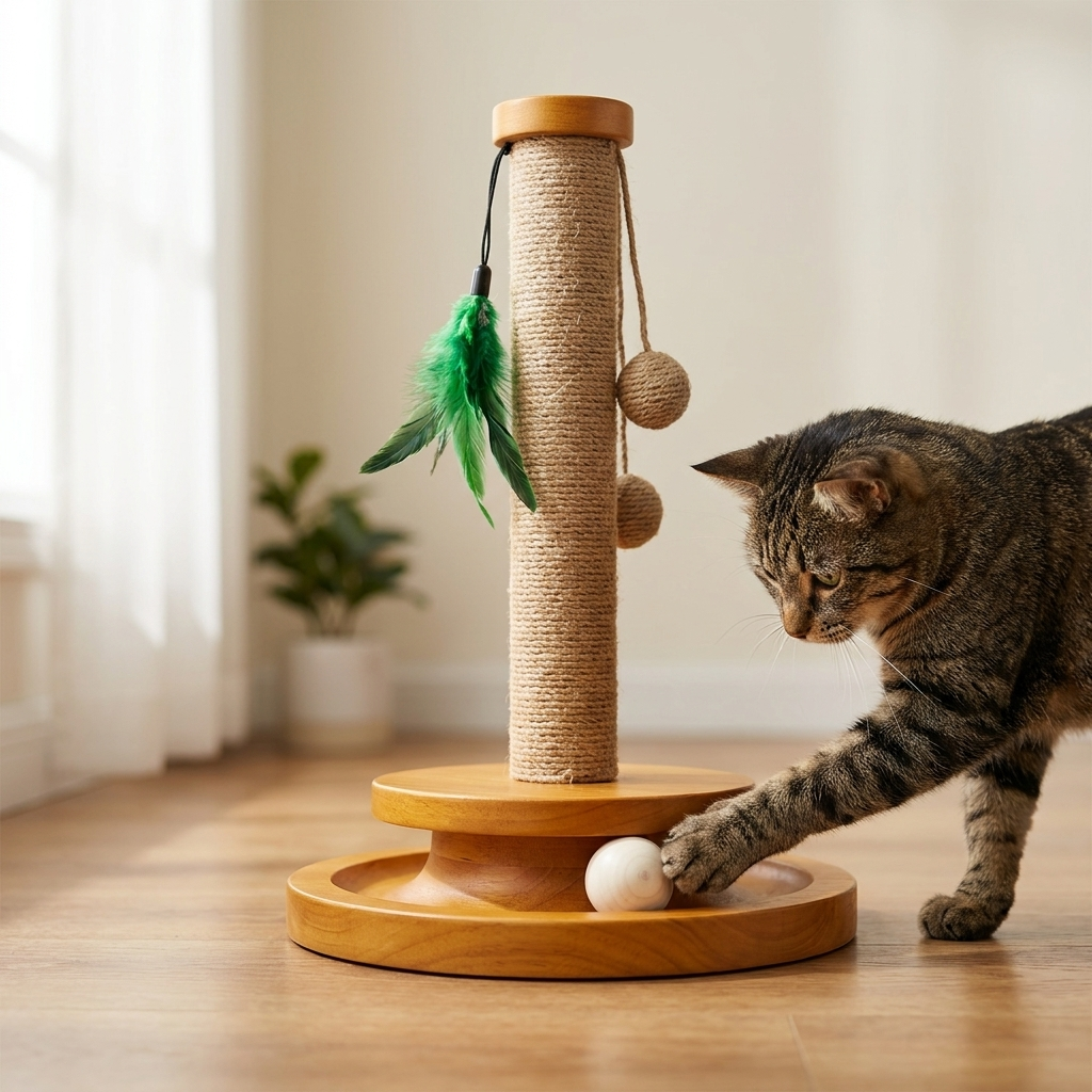 The Big Grab wooden cat scratching post and ball track toy with cat playing - The Big Pet Shop