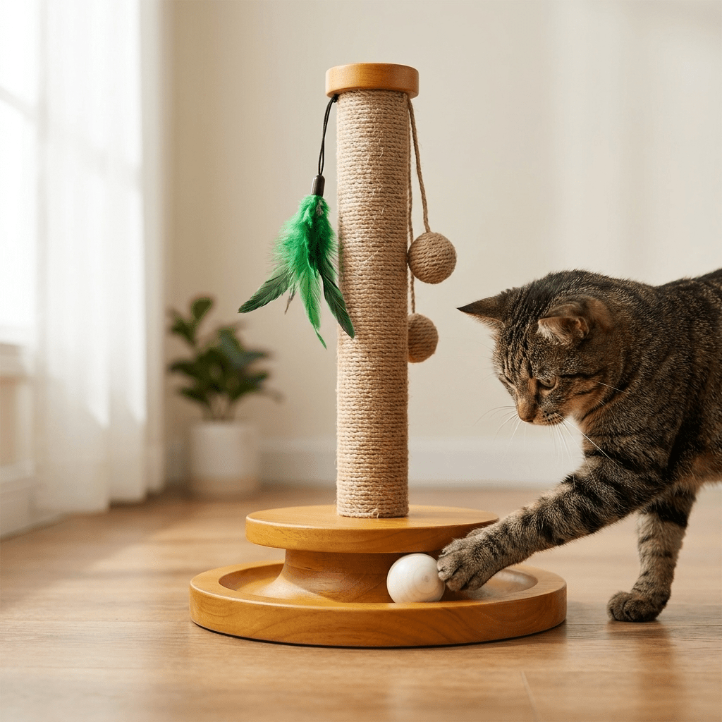 The Big Grab — Wooden Cat Scratching Post, Ball Track & Feather Wand (40cm) - The Big Pet Shop