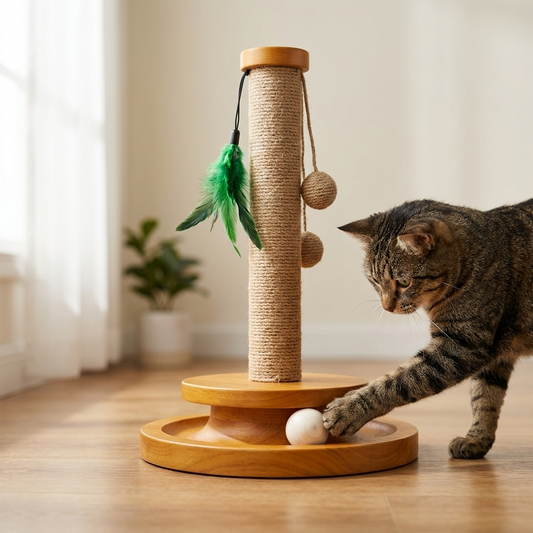 The Big Grab wooden cat scratching post and ball track toy with cat playing - The Big Pet Shop