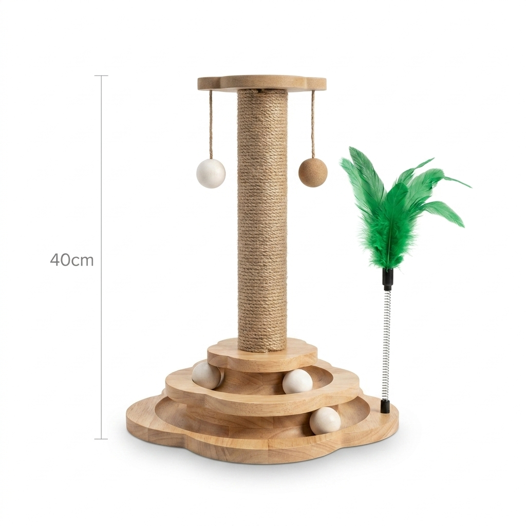 The Big Grab wooden cat scratching post and ball track toy on white background - The Big Pet Shop