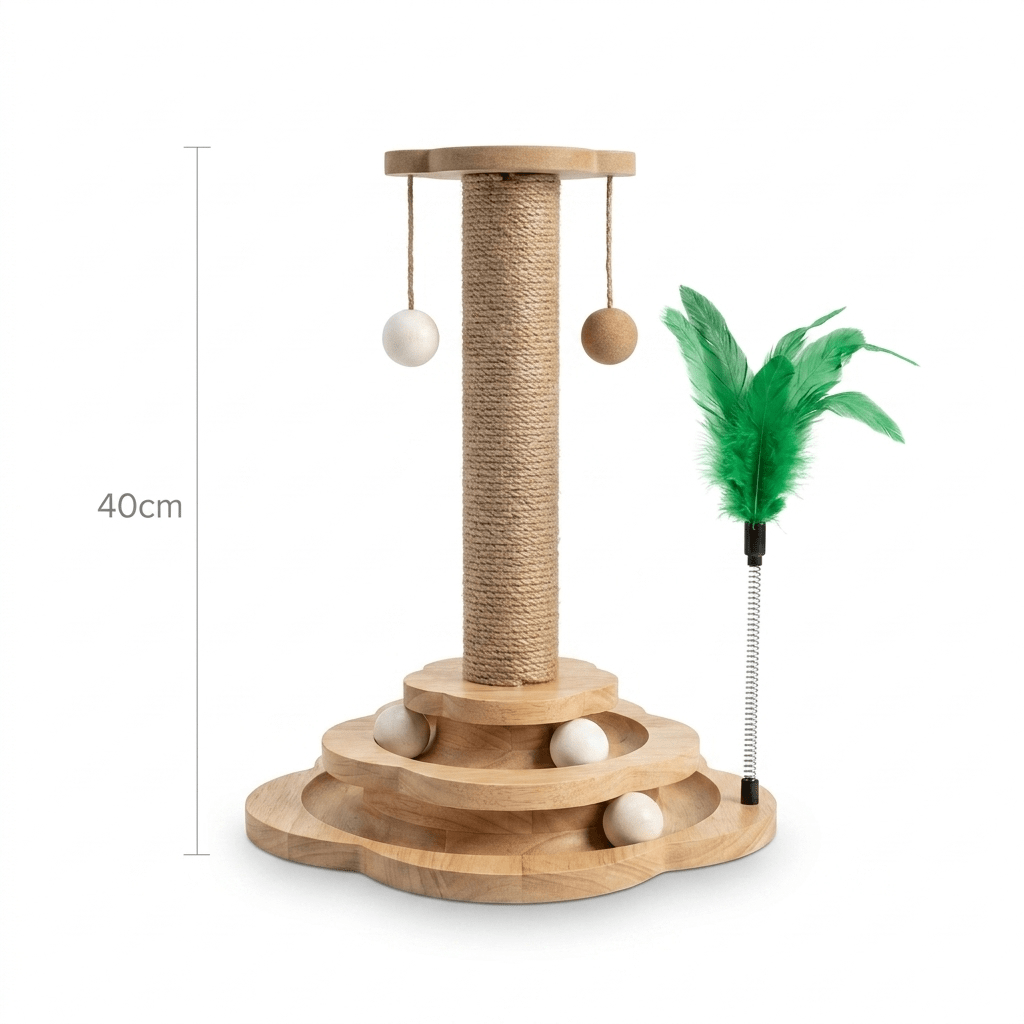 The Big Grab — Wooden Cat Scratching Post, Ball Track & Feather Wand (40cm) - The Big Pet Shop