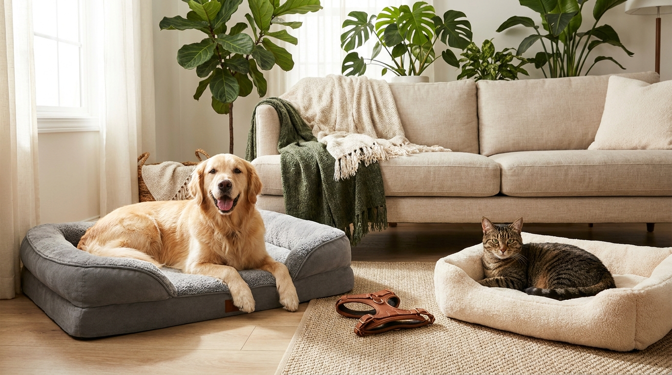 A golden retriever on an orthopaedic bed and a tabby cat in a fleece basket, in a warm British living room