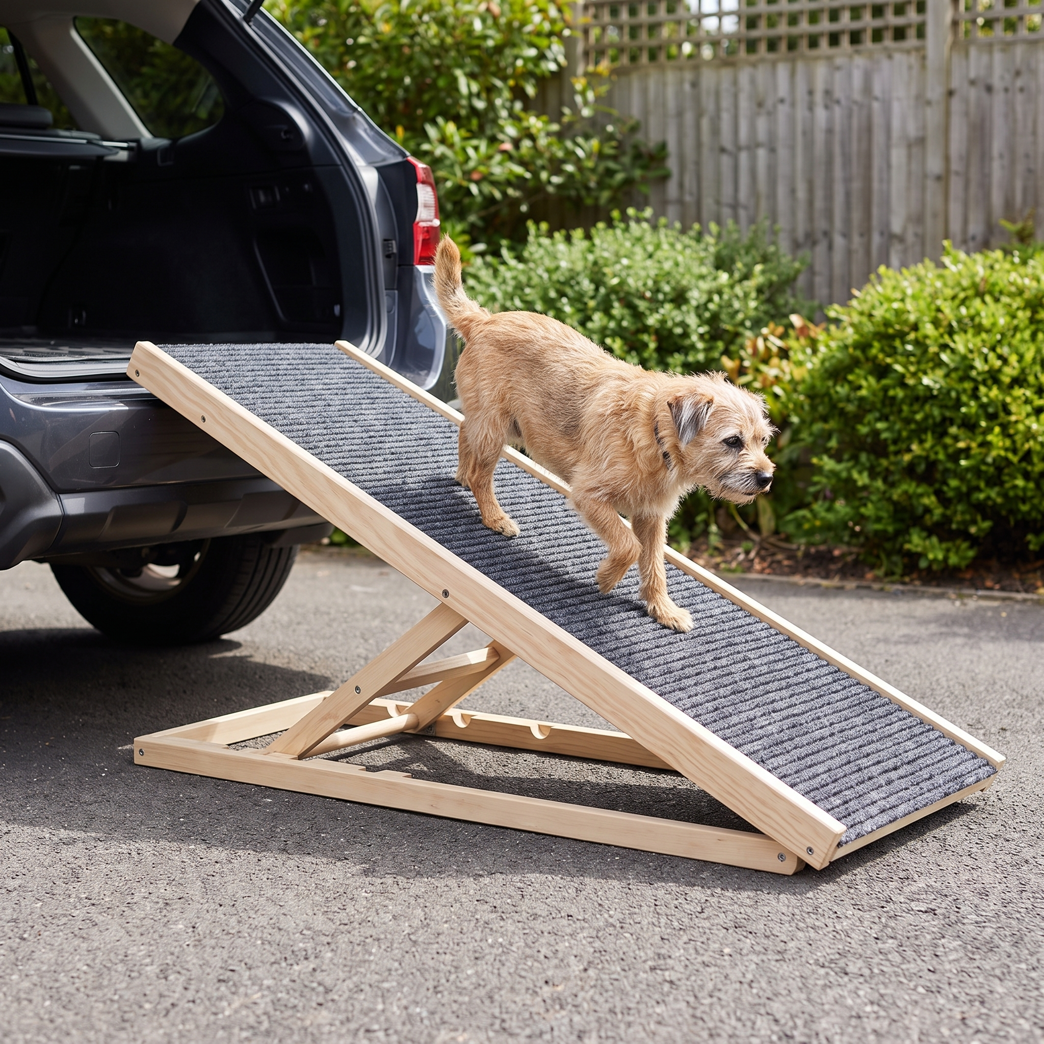 Dog walking up The Big Step wooden pet ramp into car boot