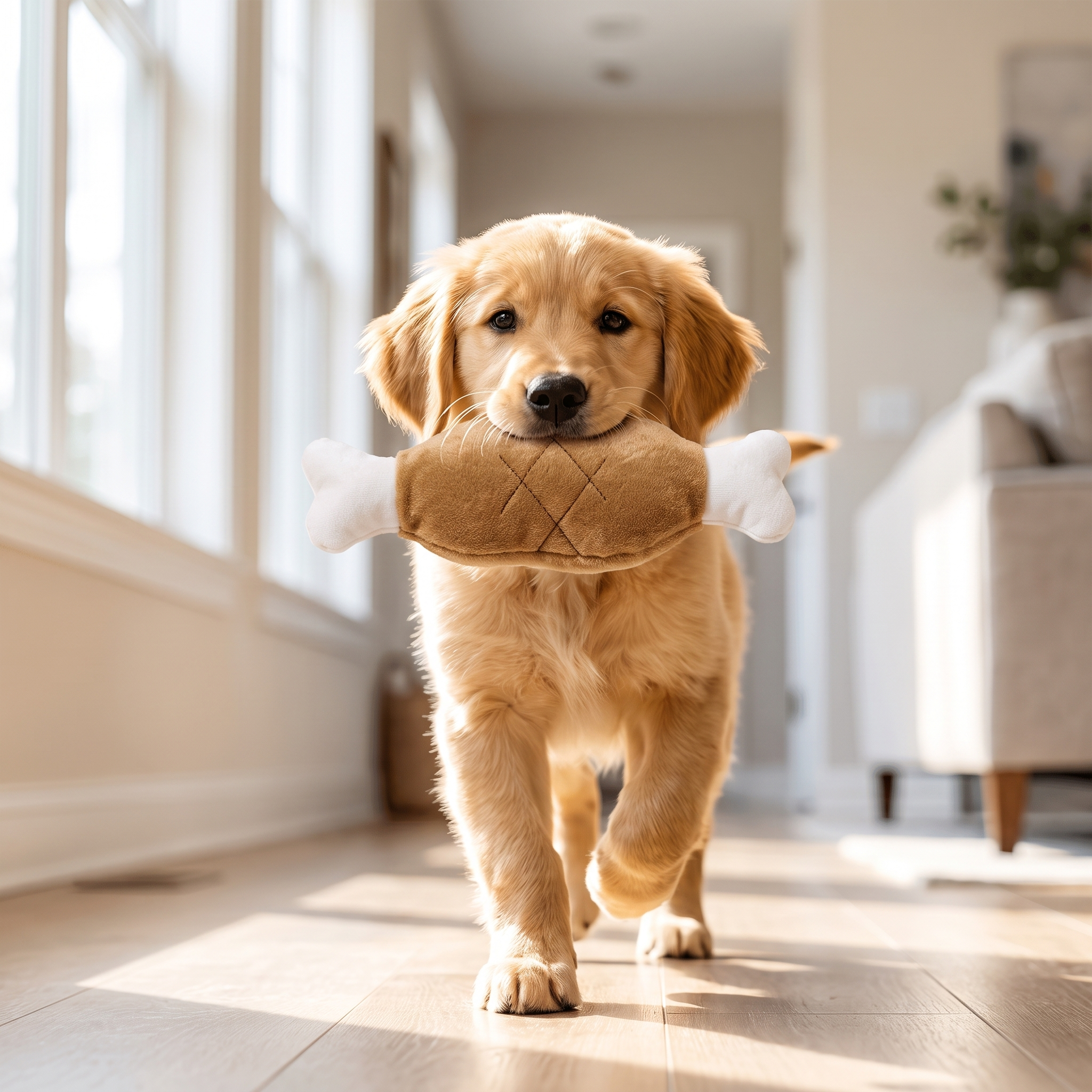 Puppy carrying The Big Peck chicken leg plush toy