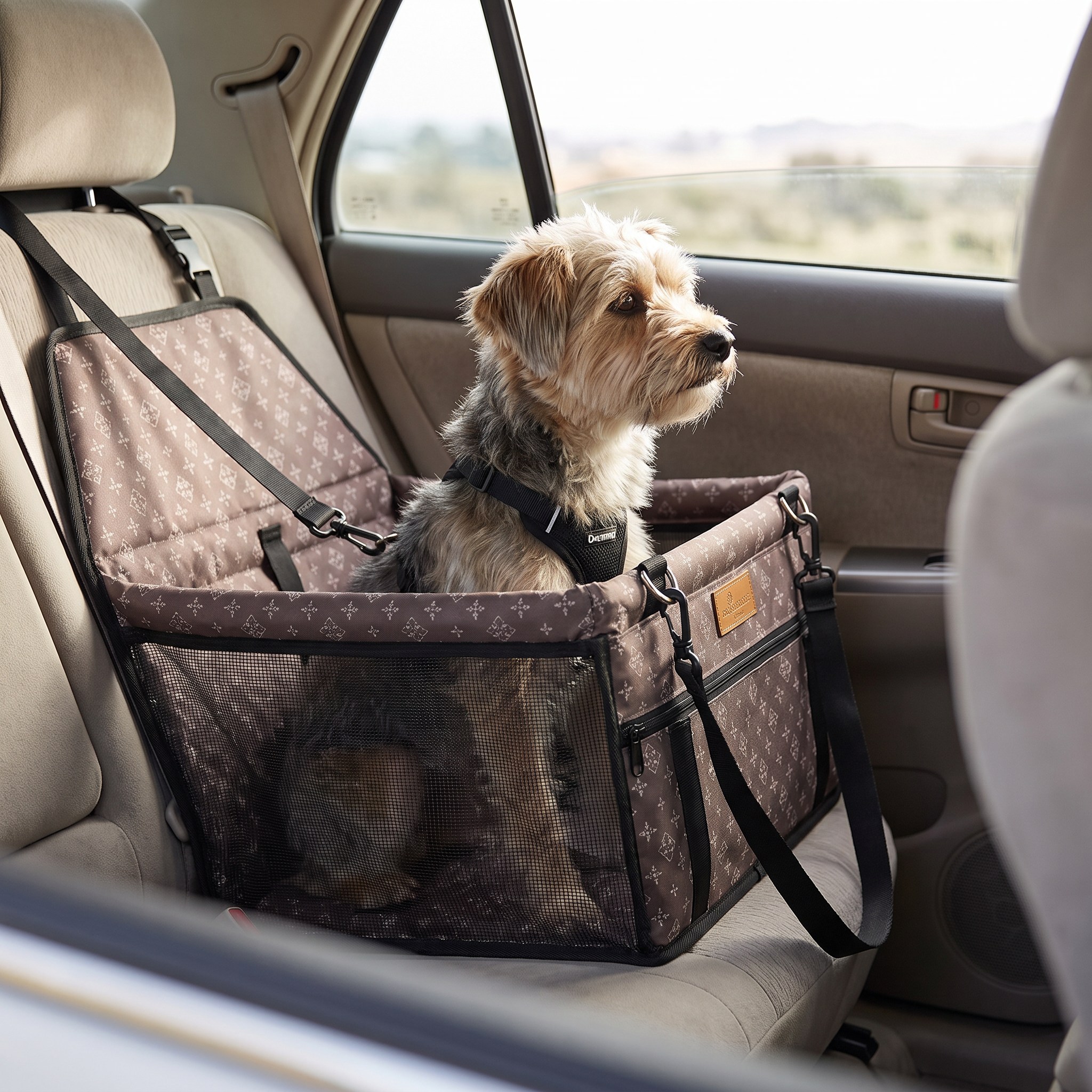 Dog sitting in The Big Ride pet car booster seat looking out window