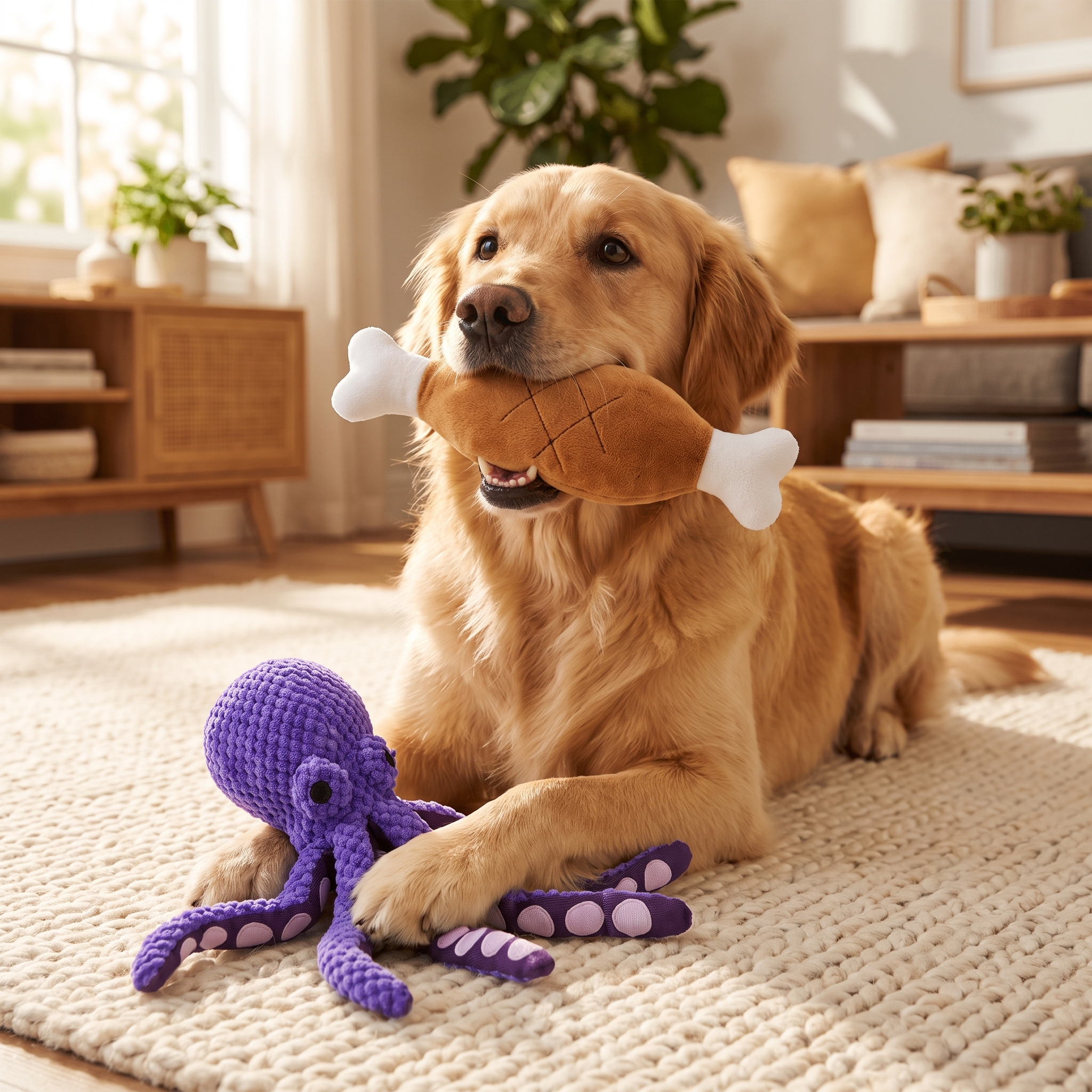 Dog playing with The Big Bundle octopus and chicken leg plush toys
