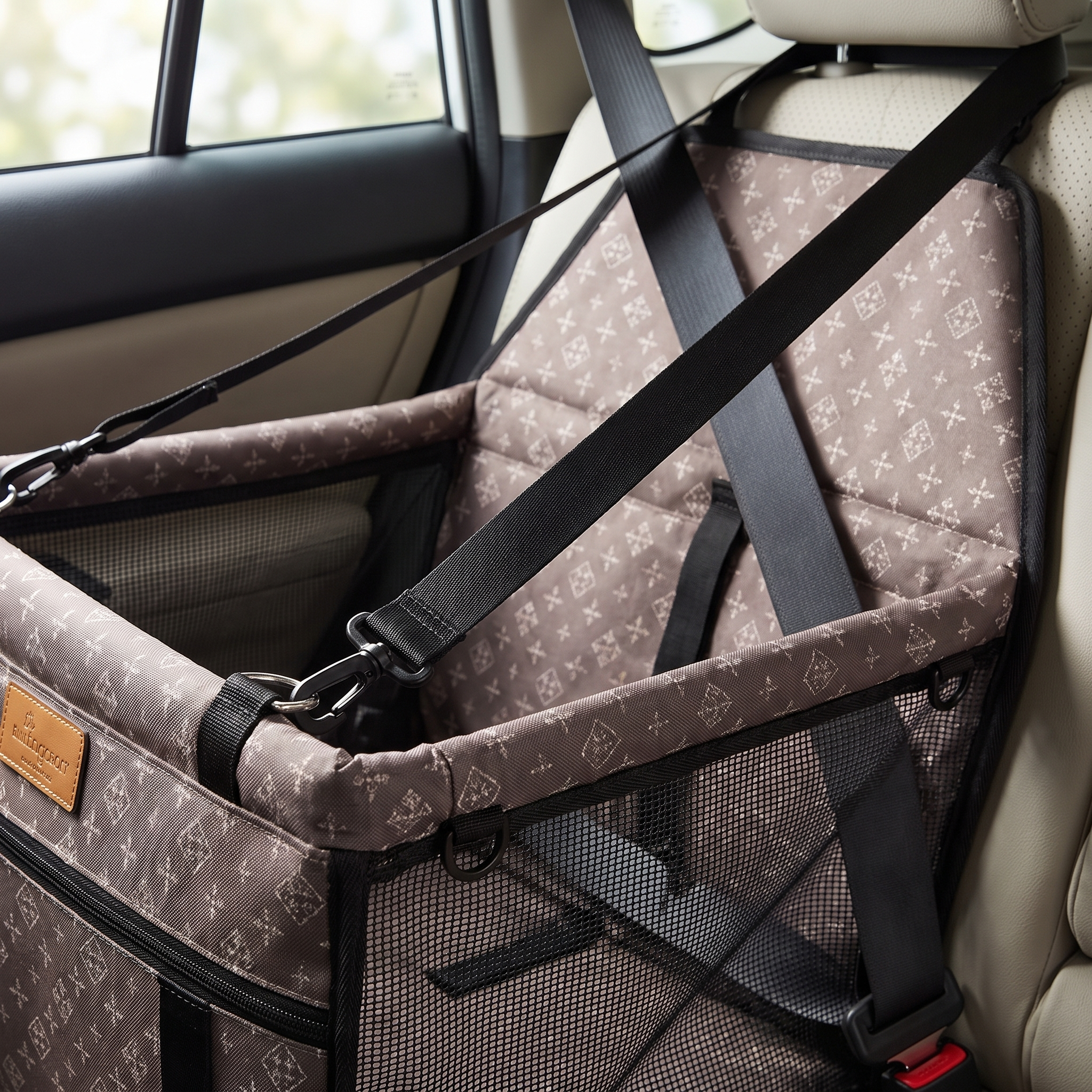 The Big Ride pet car booster seat installed with safety strap