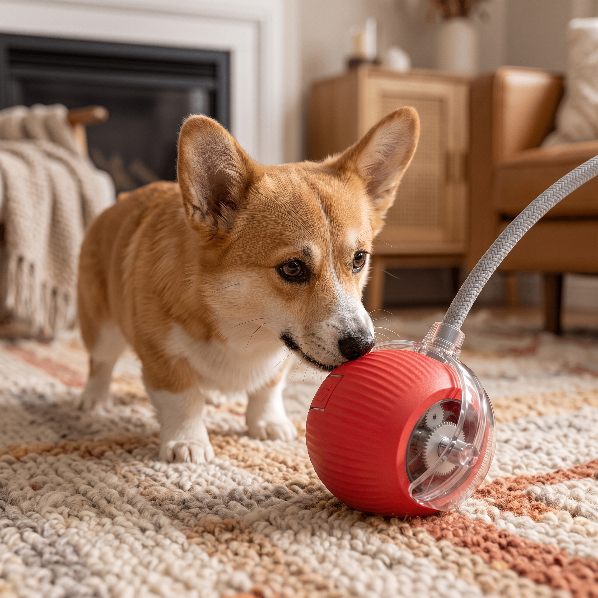 Dog nudging The Big Chase rolling ball toy indoors
