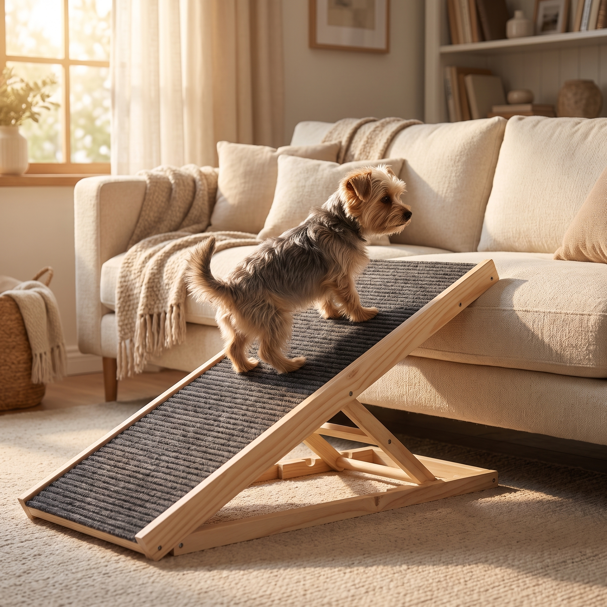 Dog climbing The Big Step wooden pet ramp onto sofa