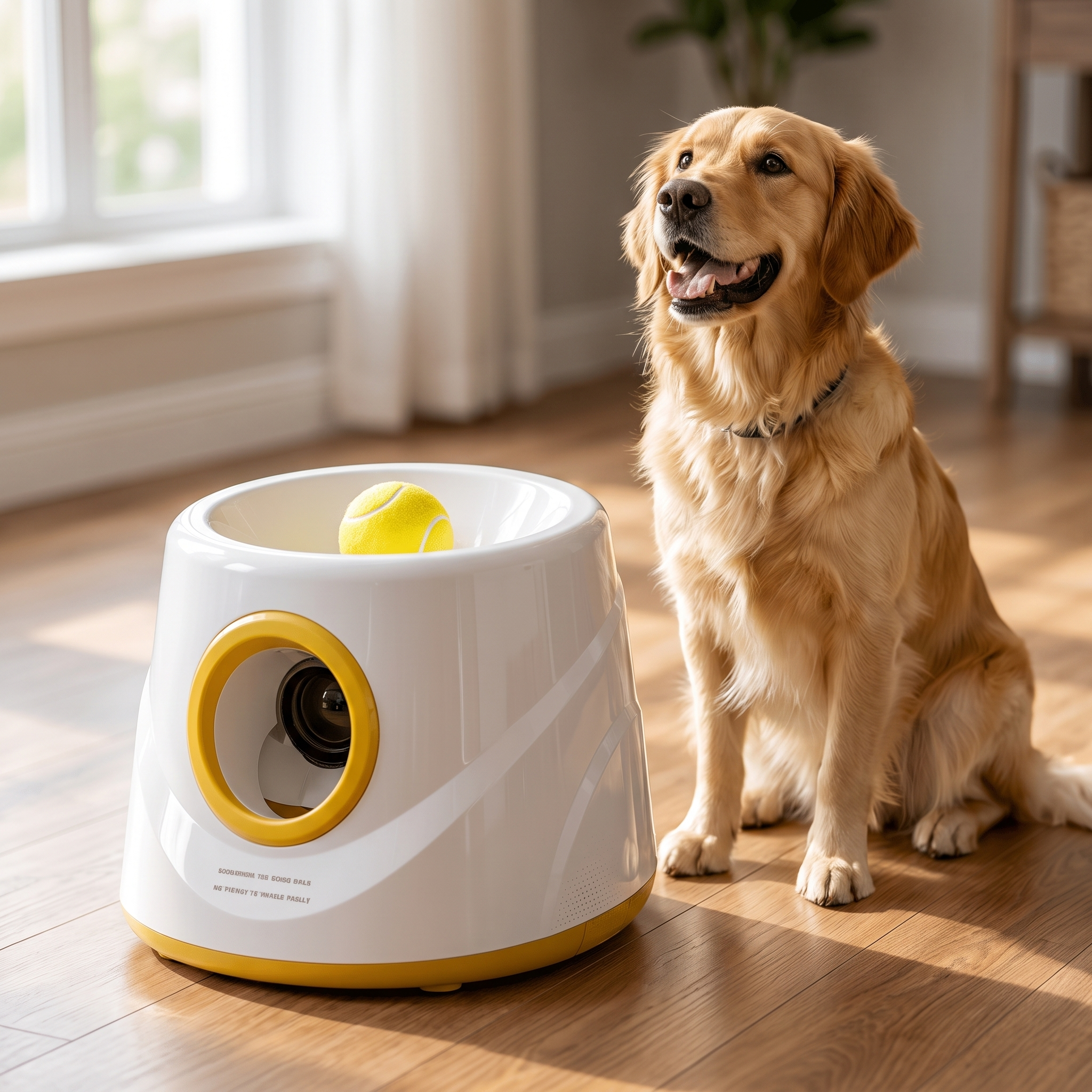 Dog sitting beside The Big Fetch automatic dog ball launcher indoors
