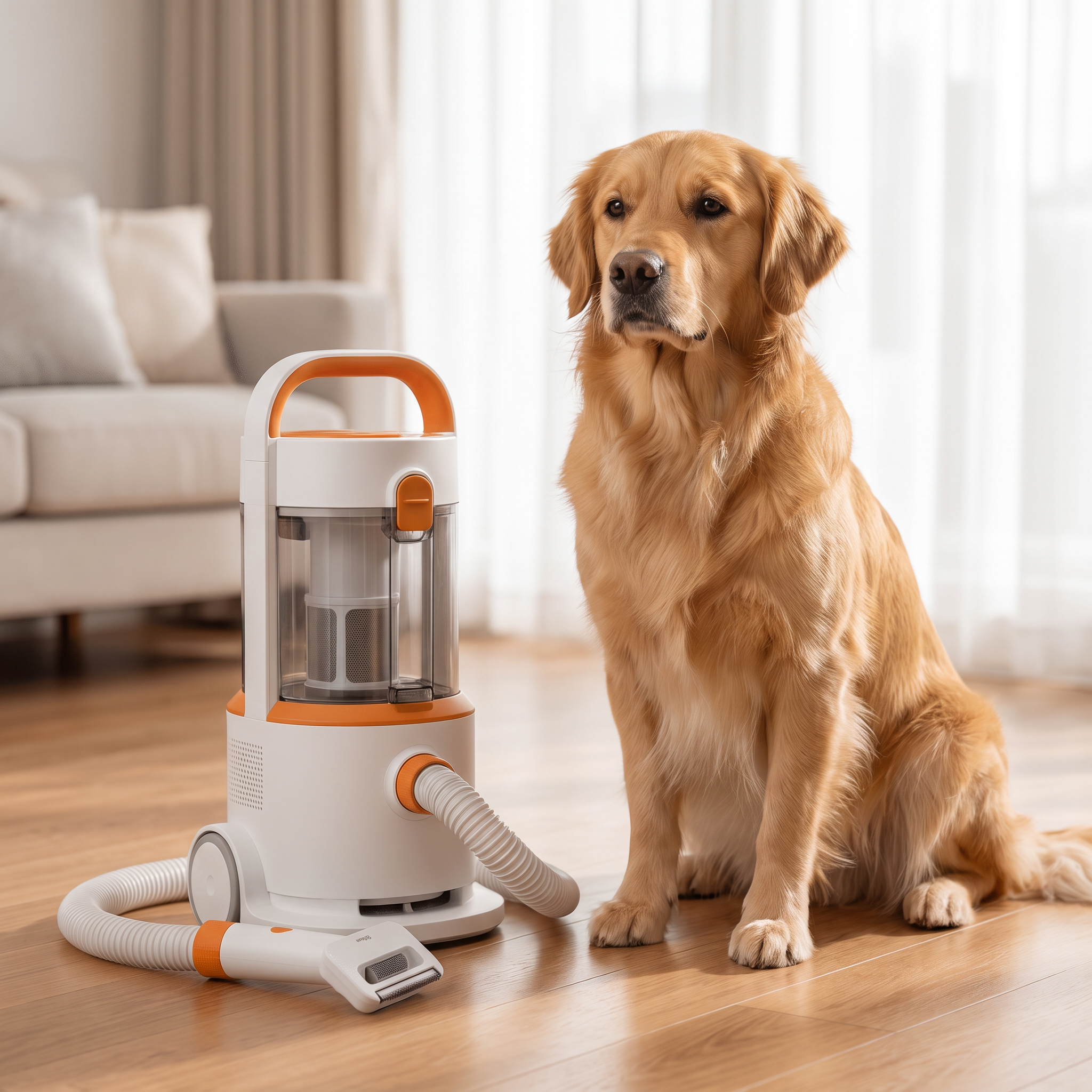 Dog sitting beside The Big Groom pet grooming vacuum kit indoors