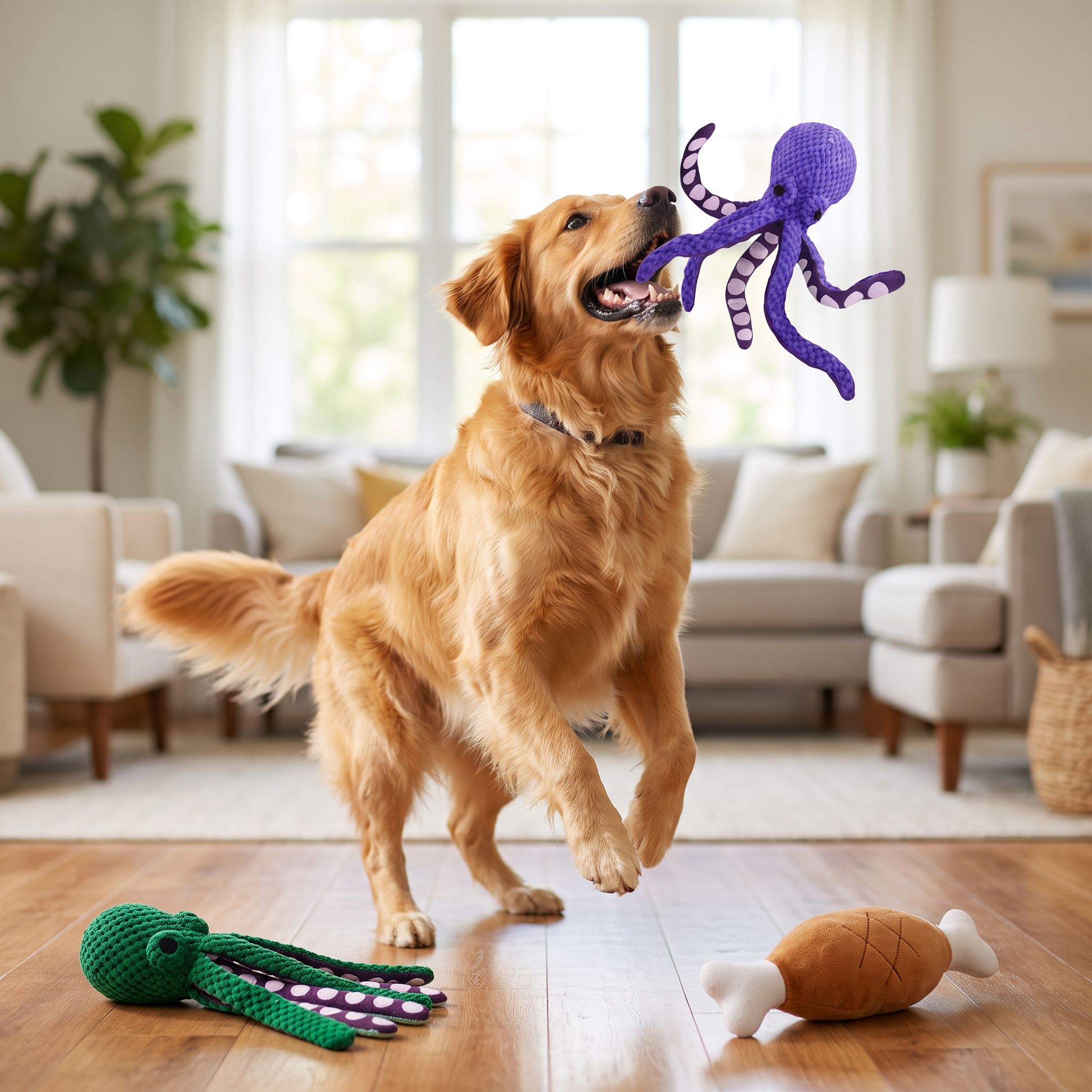 Dog playing with The Big Bundle octopus toy in the air