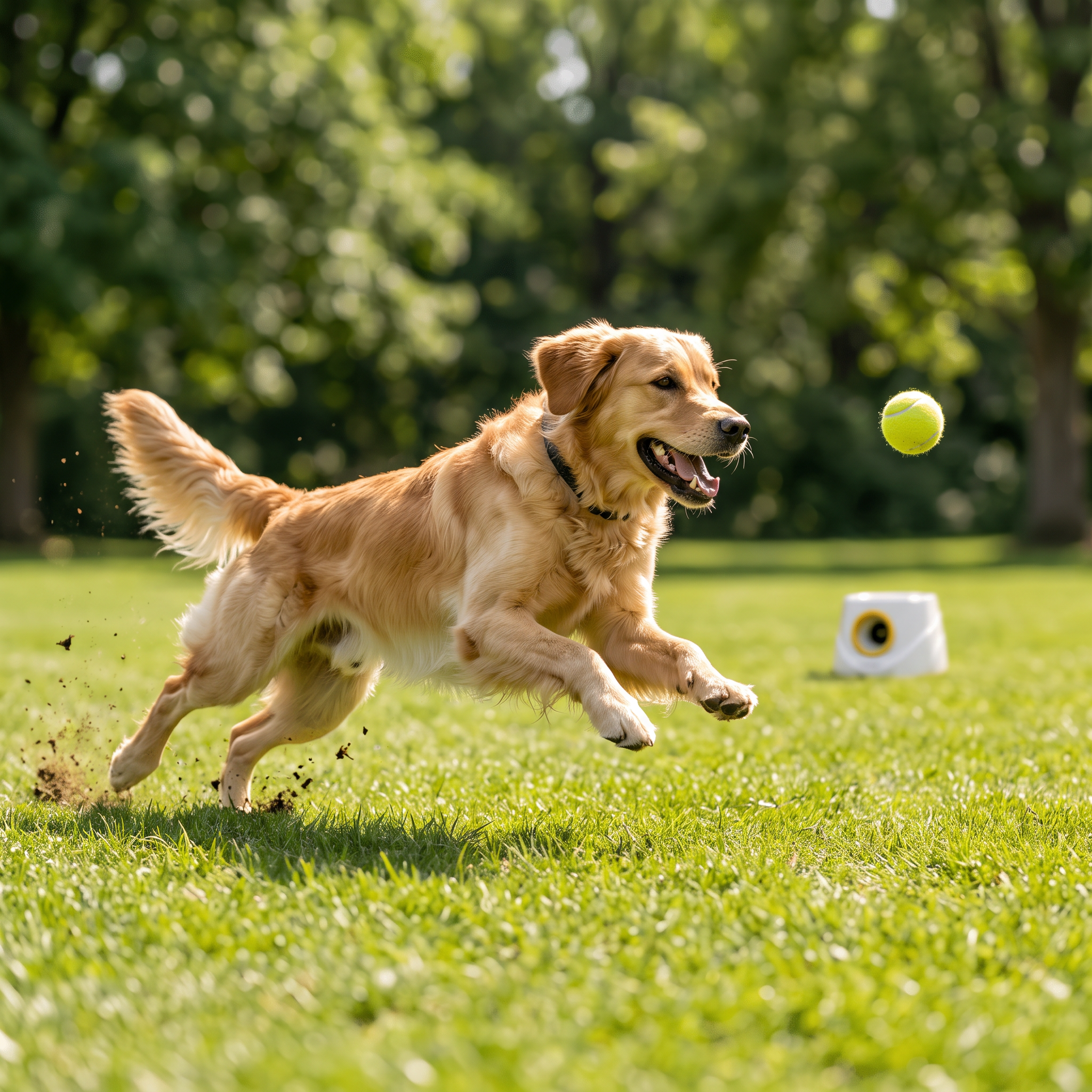 Dog chasing ball launched by The Big Fetch outdoors
