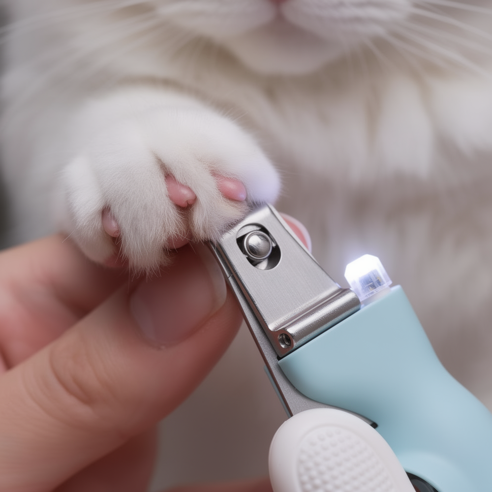 The Big Trim LED pet nail clippers gently trimming a cat's paw, showing the built-in LED light